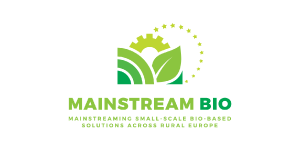 Logo of the MainstreamBIO Horizon Project. It includes the full title of the project and is designed in three different shades of green, showing a rainbow, a gear and a leaf.