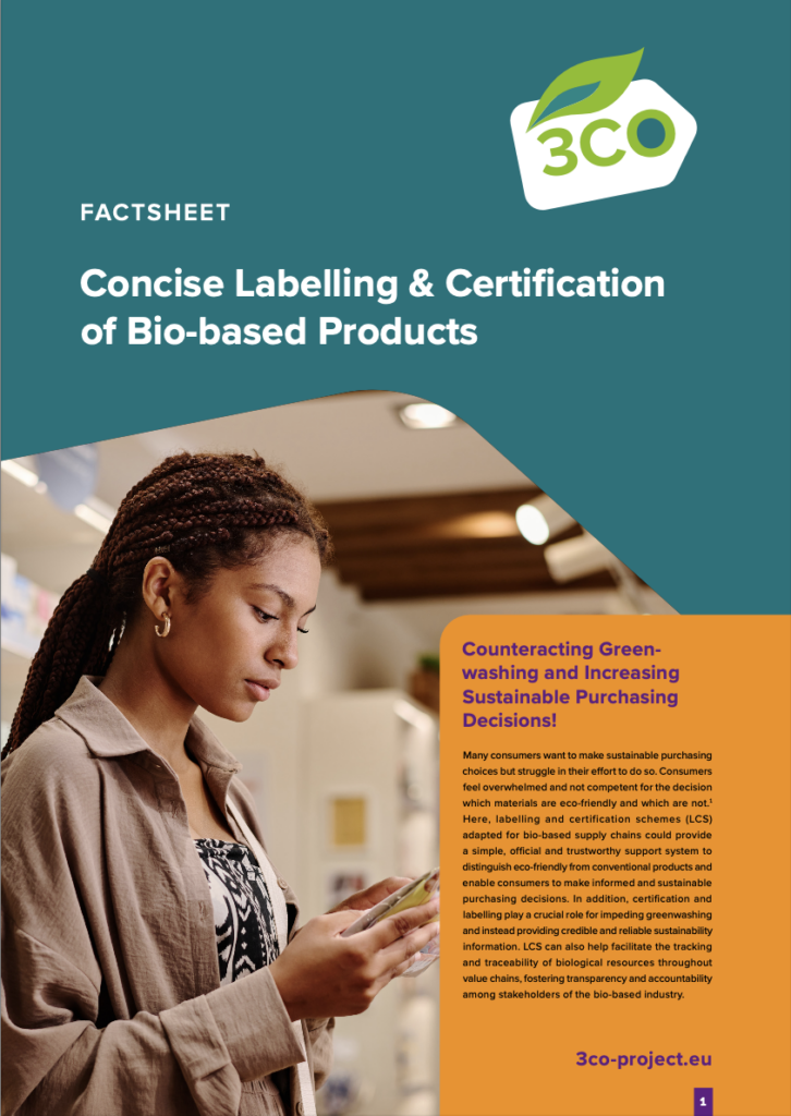 Thumbnail of the front-page of the factsheet "Concise labelling & certification of bio-based products". Shown is the 3-CO logo and a young woman in side-view with corn-rows reading information on a smartphone. The background is petrol and light orange.